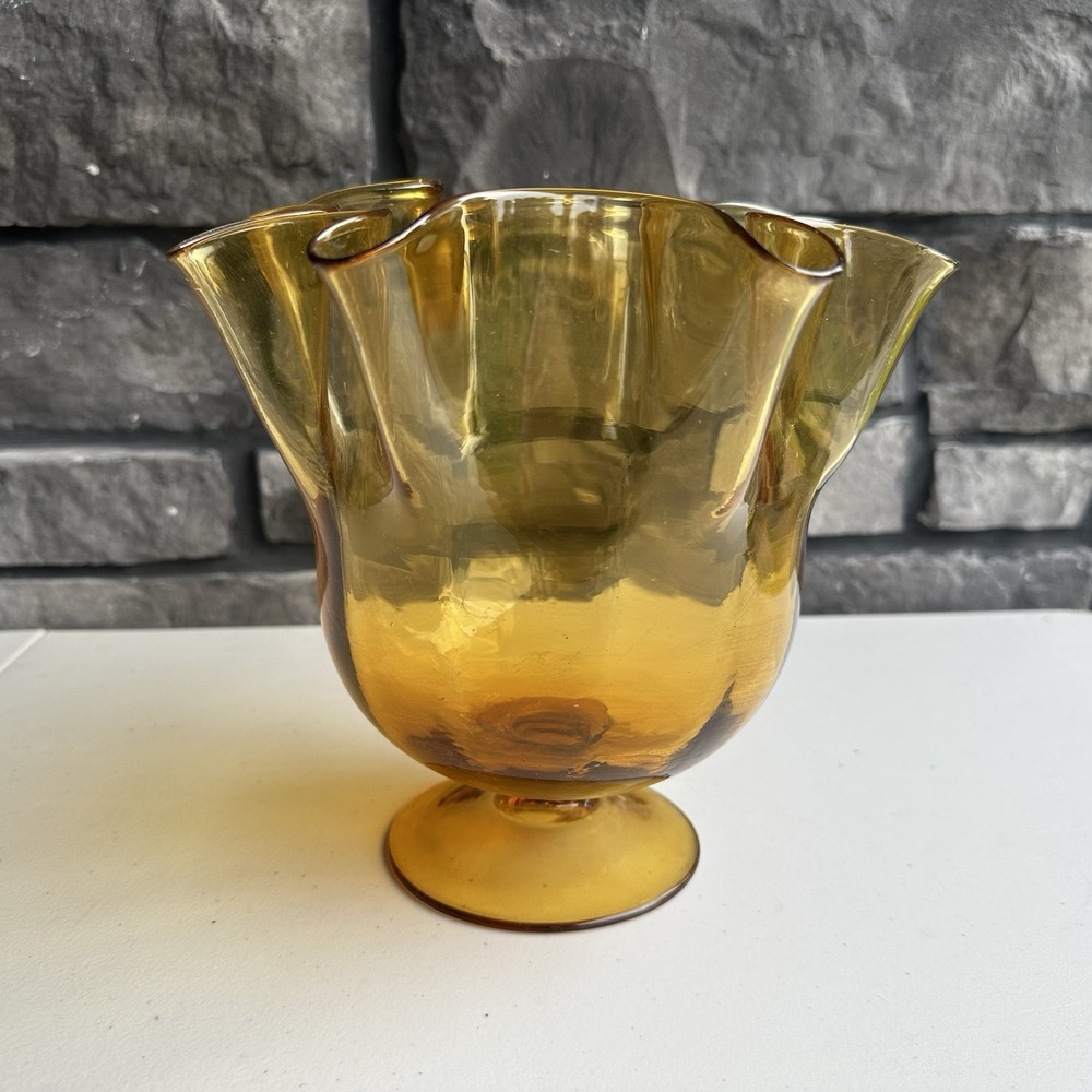 Vintage Fenton Glass Vase Thumbprint Handkerchief Colonial Amber 8.5" Tall MCM